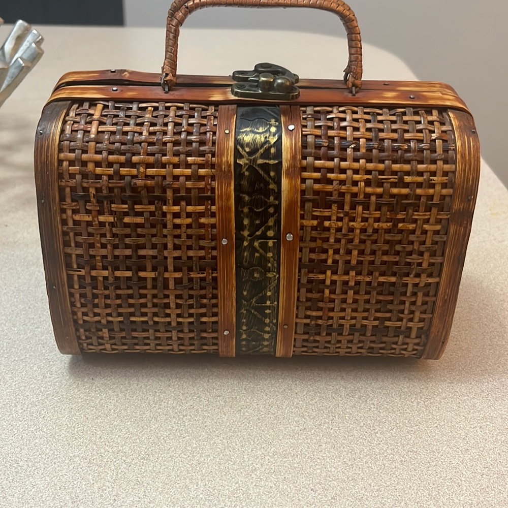 Vintage wicker suitcase bag purse decor